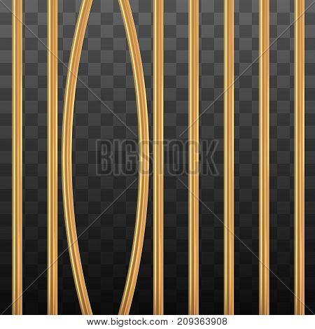 Broken golden prison bars on black transparent. Vector illustration. Way out to freedom from gold cage concept