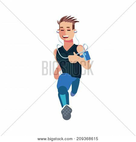 Flat designed character of a runner isolated on white background. Front view of a running man. Concept illustration about Running as part of a healthy lifestyle.