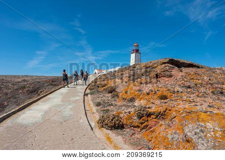 BERLENGA ISLAND, PORTUGAL - September 10, 2017: People visiting the island of Berlenga lighthouse, in Portugal