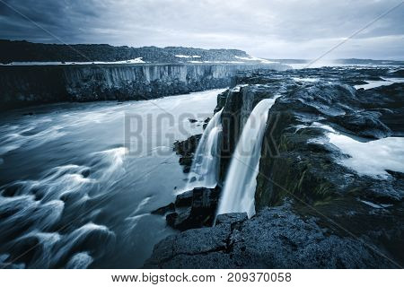 Image of famous Selfoss cascade. Location place Vatnajokull National Park, Jokulsa a Fjollum, Iceland, Europe. Great and gorgeous scene. Popular tourist attraction. Instagram toning. Beauty world.