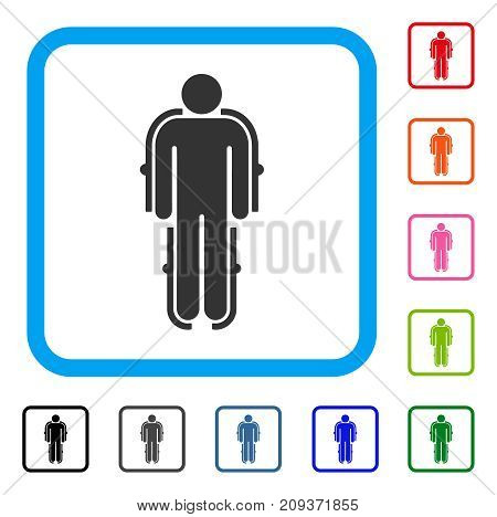 Exoskeleton icon. Flat grey pictogram symbol in a light blue rounded square. Black, gray, green, blue, red, orange color versions of Exoskeleton vector.