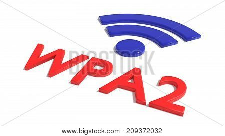 Red word WPA 2 network encryption and a blue wifi symbol on white backdoor cybersecurity concept 3D illustration