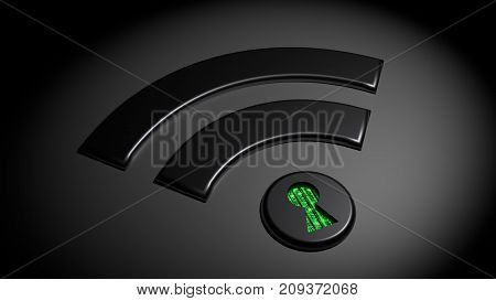 Black wifi symbol in the dark where the dot has a keyhole revealing green matrix binary streams compromised WPA2 wifi network cybersecurity 3D illustration