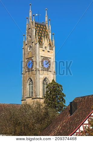 Clock tower of the reformed church in the town of Andelfingen, Switzerland.