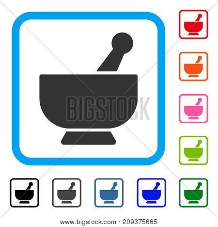 Mortar icon. Flat grey iconic symbol inside a light blue rounded squared frame. Black, gray, green, blue, red, orange color additional versions of Mortar vector. Designed for web and app interfaces.