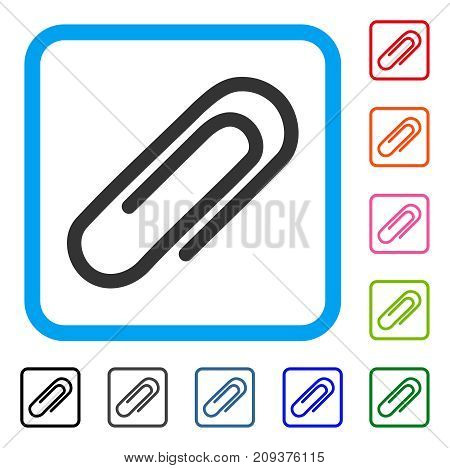 Paperclip icon. Flat gray iconic symbol in a light blue rounded squared frame. Black, gray, green, blue, red, orange color versions of Paperclip vector. Designed for web and software interfaces.