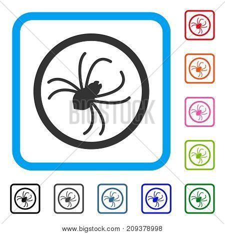 Spider icon. Flat gray iconic symbol in a light blue rounded rectangle. Black, gray, green, blue, red, orange color additional versions of Spider vector. Designed for web and software interfaces.