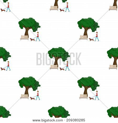 Tree and bench, woman walks a pet in the park. Pet, Dog care single icon in cartoon style vector symbol stock illustration .