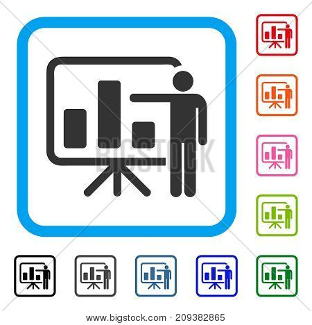 Bar Chart Presentation icon. Flat grey pictogram symbol inside a light blue rounded frame. Black, gray, green, blue, red, orange color additional versions of Bar Chart Presentation vector.