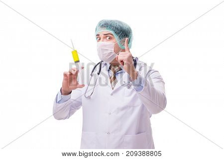 Funny doctor with syringe isolated on white