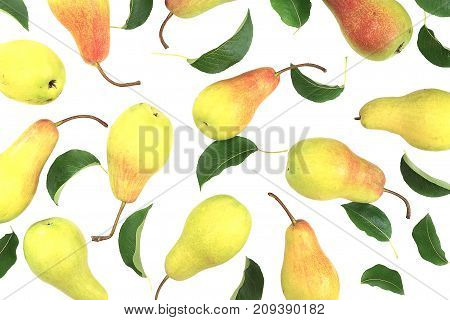 Delicious yellow ripe pears with leaf on pink background. Beautiful pattern. Modern and geometric design. Top view.