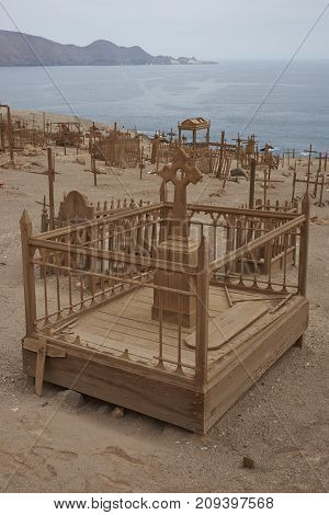 Pisagua, Tarapaca Region, Chile - August 30, 2017: Historic cemetery from the era of nitrate mining in the Atacama Desert, at Pisagua on the coast of northern Chile