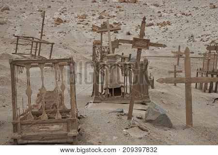 Pisagua, Tarapaca Region, Chile - August 30, 2017: Historic cemetery from the era of nitrate mining in the Atacama Desert, at Pisagua on the coast of northern Chile