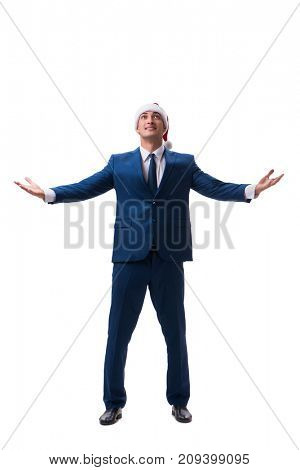 Young busnessman wearing santa hat in christmas concept on white