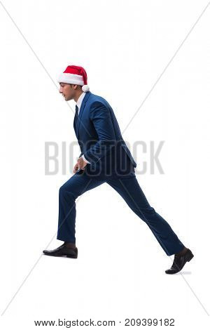 Young busnessman wearing santa hat in christmas concept on white