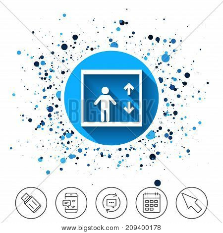 Button on circles background. Elevator sign icon. Person symbol with up and down arrows. Calendar line icon. And more line signs. Random circles. Editable stroke. Vector