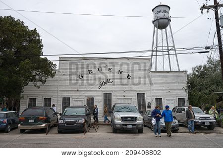 January 1, 2016 Gruene Texas: tourists in the front of the Gruene Hall built in 1878 and has become internationally recognized as a destination tourist attraction and major music venue