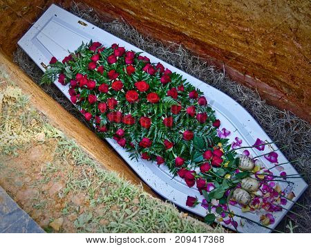 closeup shot of a colorful casket in a hearse or chapel before funeral or burial at cemetery