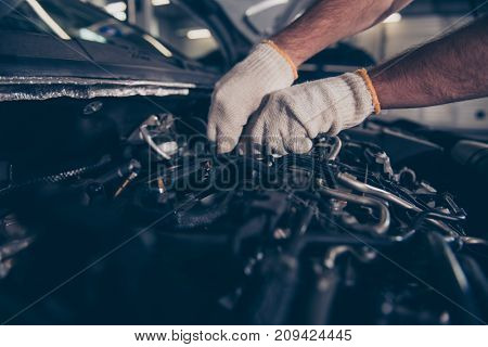 Close Up Cropped Shot Of Experts Appraisal Of Damage For Repairing Car At Auto Workshop, Arms In Whi