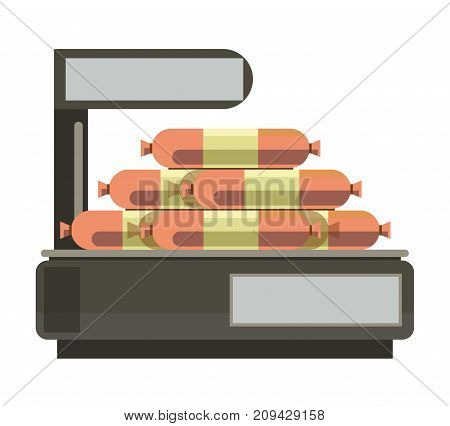 Sausages or meat lying on counter weight scales. Vector flat icon for butcher shop or sausage farm market store