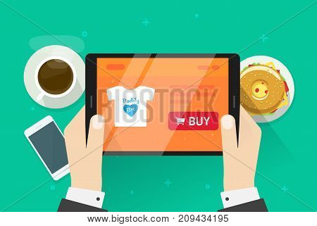 Online shopping vector illustration, flat cartoon person buying something on internet shop, idea of ecommerce store on tablet screen, customer purchasing on e-commerce web page while breakfast