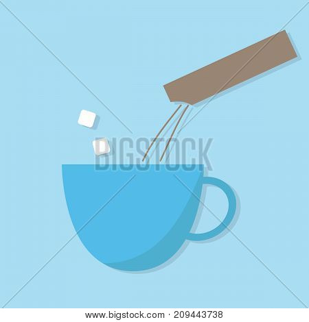 making instant coffee in coffee mug with powder coffee and sugar