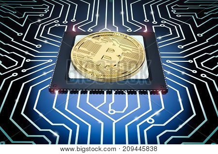 3d rendering gold bitcoin on cpu with circuit board