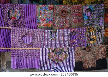 April 30 2016 Santiago Atitlan Guatemala: Maya 'huipil' traditional womens blouse offered at local gift shops as tourist souvenirs