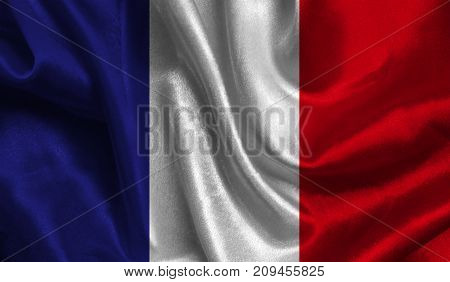 Realistic Flag Of France On The Wavy Surface Of Fabric. This Flag Can Be Used In Design