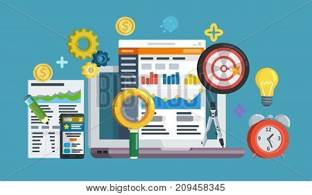 Business growth analytics and valuation development. Data driven marketing strategy. Web template in flat style. Business development, lead generation, revenue increase. Raster image