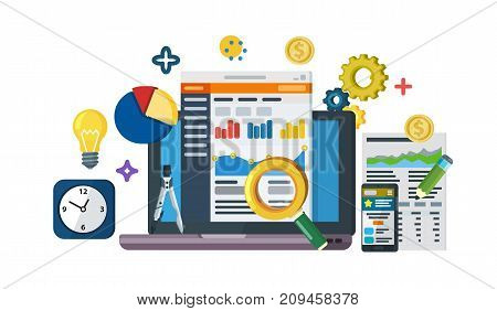 Data driven marketing strategy. Web template in flat style. Business development, lead generation, revenue increase. Business growth analytics and valuation development. Raster image