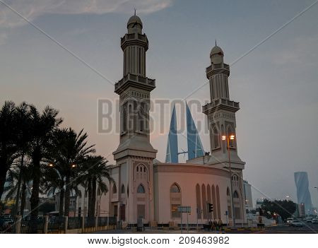 Exterior sunset view to Ras Rumman Mosque at Manama. Bahrain