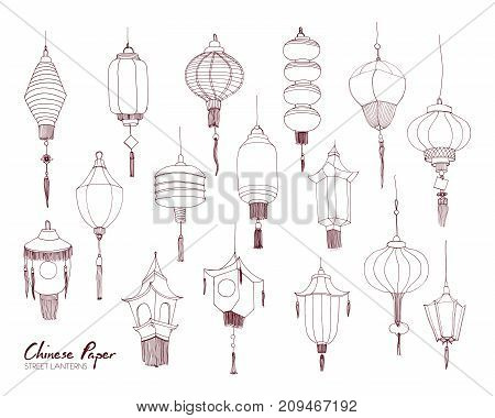 Set of Chinese paper street lanterns of different types and sizes hand drawn with contour lines. Bundle of traditional asian festival decorations isolated on white background. Vector illustration
