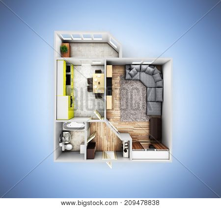 Interior Apartment Roofless Top View Apartment Layout On Blue Gradient Background 3D Render