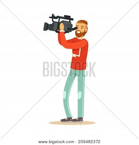 Smiling television video operator in red jacket and blue jeans looking through professional camcorder. Cartoon camera man character. TV people at work. Flat vector illustration isolated on white.