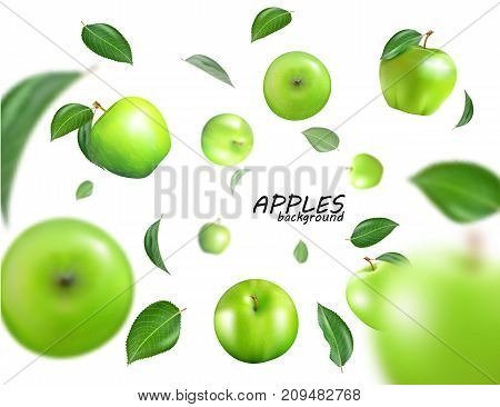 Vector falling green apples isolated on white background. The fruit as a whole. Realistic fallong appls, 3D