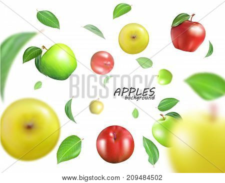 Vector flying colorful apples. Advertising fresh food template. Realistic 3D apples