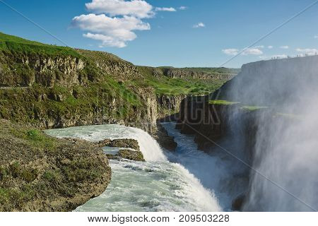 famous Gullfoss waterfall in southern Iceland. treking in Iceland. Travel and landscape photography concept
