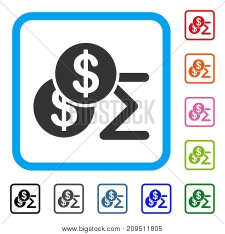 Money Summary icon. Flat grey pictogram symbol inside a light blue rounded rectangular frame. Black, gray, green, blue, red, orange color versions of Money Summary vector.