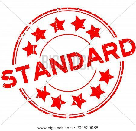 Grunge red standard wording with star icon round rubber seal stamp on white background