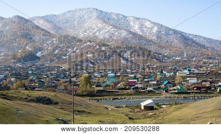 View of the snowy landscape of the Altay Mountains near the village of Onguday, Altai Republic, Russia.