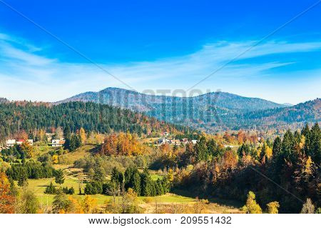 Beautiful countryside landscape of town of Lokve in Gorski kotar, Croatia, in autumn, panoramic view