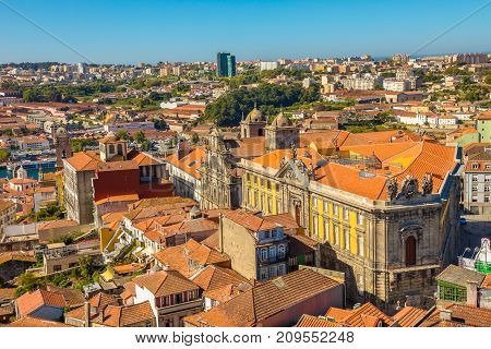 Porto, Portugal aerial view. Close up of Portuguese Photography Center and Church of Sao Jose das Taipas from Clerigos Tower, the highest point in the city of Porto. Beautiful cityscape in a sunny day