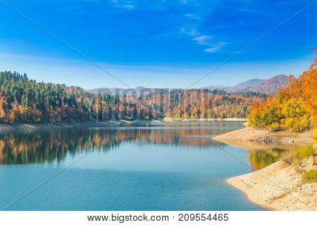 Panoramic view of Lokvarsko lake, beautiful colorful mountain autumn landscape, Lokve, Gorski kotar, Croatia