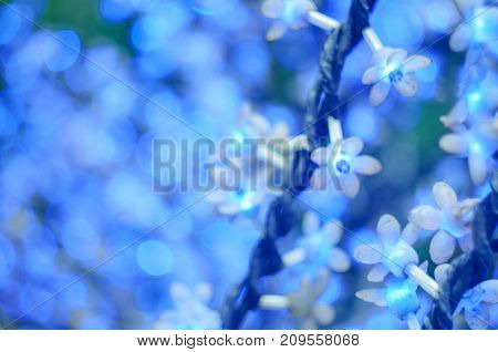 Christmas Led Lights In The Form Of Flowers, Blue Bokeh, Selected Focus