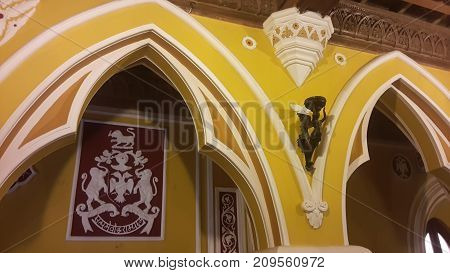 BENGALURU INDIA - FEBRUARY 20 2017: Interior decoration of famous Bangalore Palace. It was private residence of the royal Wodeyar family. It is filled with rare collection of art and paraphernalia from a bygone era.