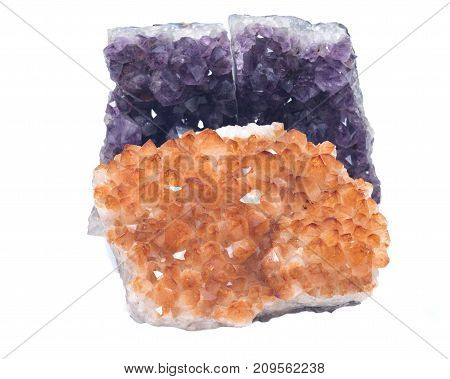 Citrine druzy cluster surrounded by amethyst druzy clusters  isolated on white background