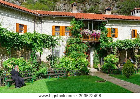 MONASTERY OF MORACA MONTENEGRO - SEPTEMBER 12 2017: Unknown tourists visit monastery of Moraca Montenegro