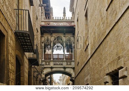 Old street of Barrio Gotico in Barcelona, Catalonia. Barcelona, June 2014