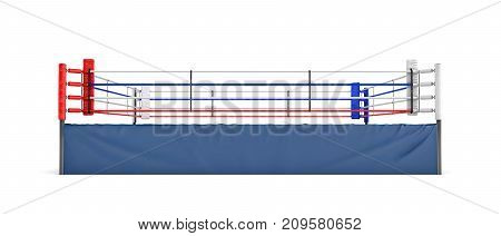 3d rendering of an empty boxing ring in front view isolated in white background. Boxing match. Fighting show. Sports and recreation.